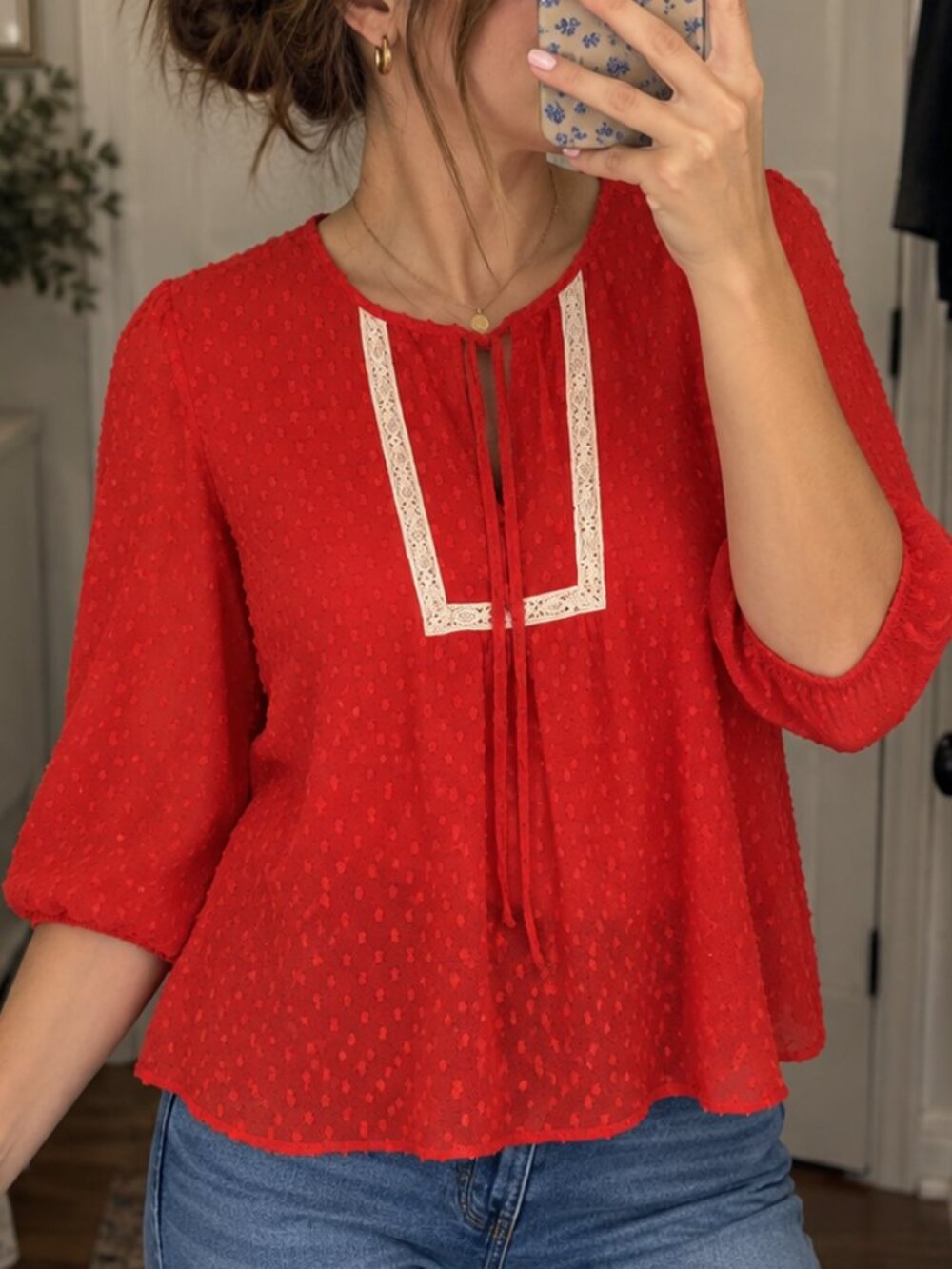 Collective Concepts Swiss Dot Peasant Blouse M Coral Keyhole Tassel Boho Top